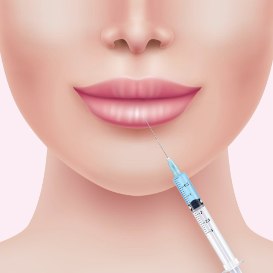graphic to represent facial cosmetics showing with bottom half of a woman's face and a needle containing fillers in it pressed up to her lips